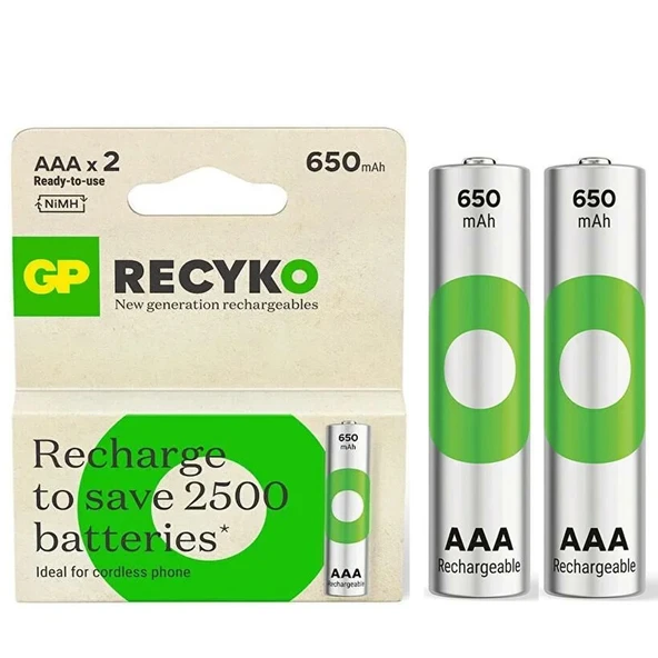 Gp Recyko 650 Mah R03 AAA Şarjlı 2'li İnce Kalem Pil ürün görseli 1