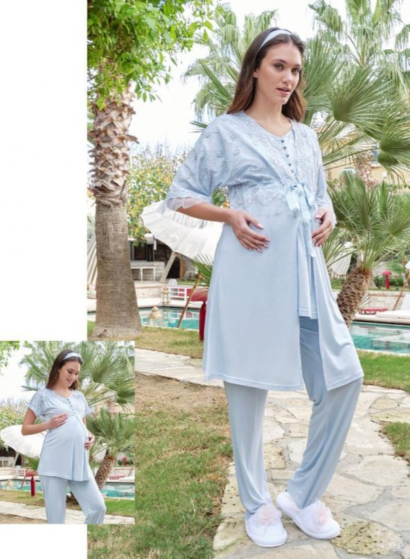 Bone Club 5605 Mavi V Yaka  3Lü Hamile Lohusa Pijama Sabahlık Tk ürün görseli 1