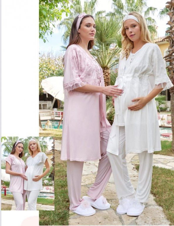 Bone Club 5605 Pudra V Yaka  3Lü Hamile Lohusa Pijama Sabahlık Tk ürün görseli 1