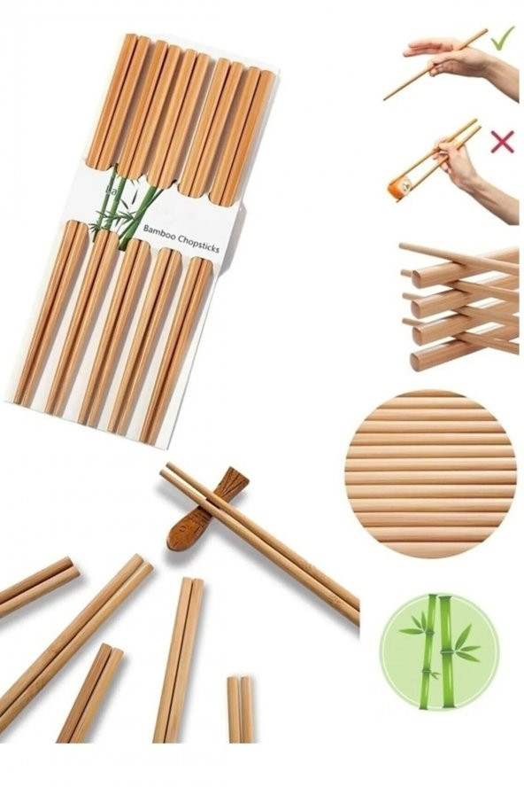 10 Çift - 20 Adet Yıkanabilir Organik Bambu Çin Çubuk Uzakdoğu Çin Yemek Çubuğu Chopstick ürün görseli 1