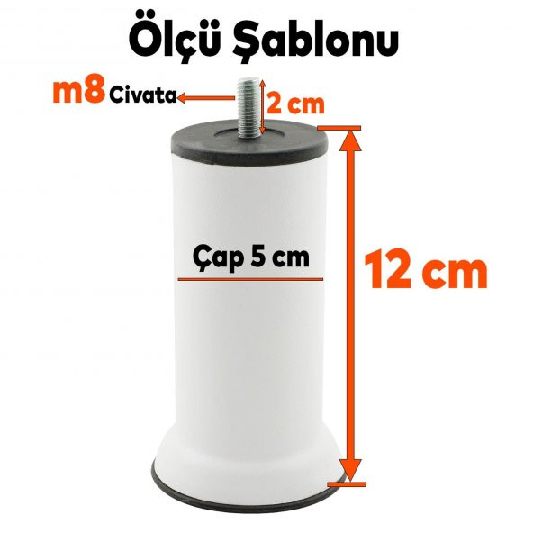 Mobilya Metal Yatak Kanepe Baza Koltuk Orta Destek Ayağı M8 Civata Beyaz Metal Ayak 12 Cm ürün görseli 1