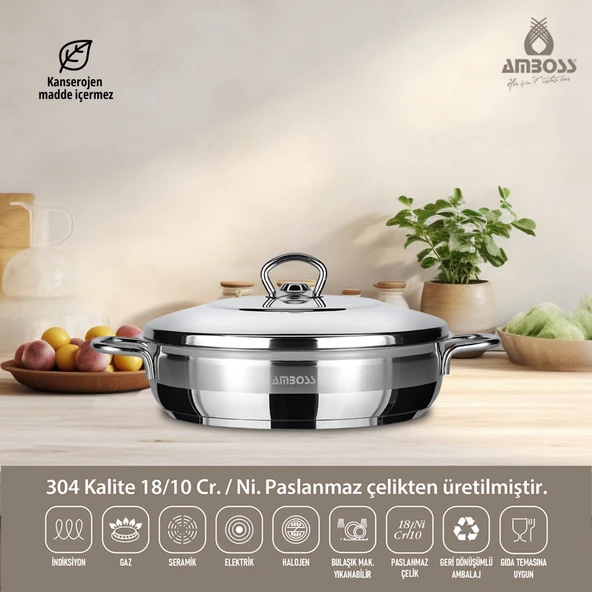 Saphire Paslanmaz Çelik Basık Tencere Çelik Kapaklı 34x12 cm ürün görseli 1