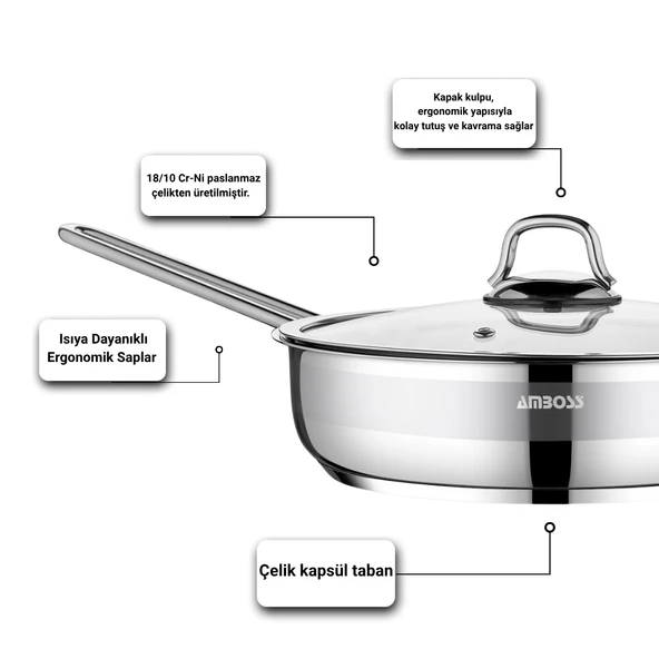 Saphire Paslanmaz Çelik 24 cm Cam Kapaklı Tava - Resim 3