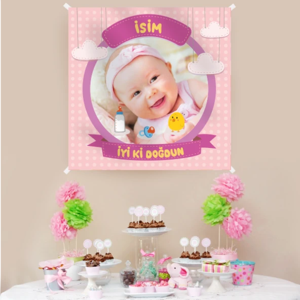 Kişiye Özel Resimli Doğum Günü Kumaş Afiş 150x150 cm ürün görseli 1