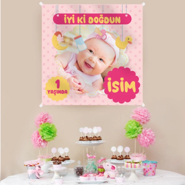 Kişiye Özel Resimli Doğum Günü Kumaş Afiş 150x150 cm ürün görseli 1