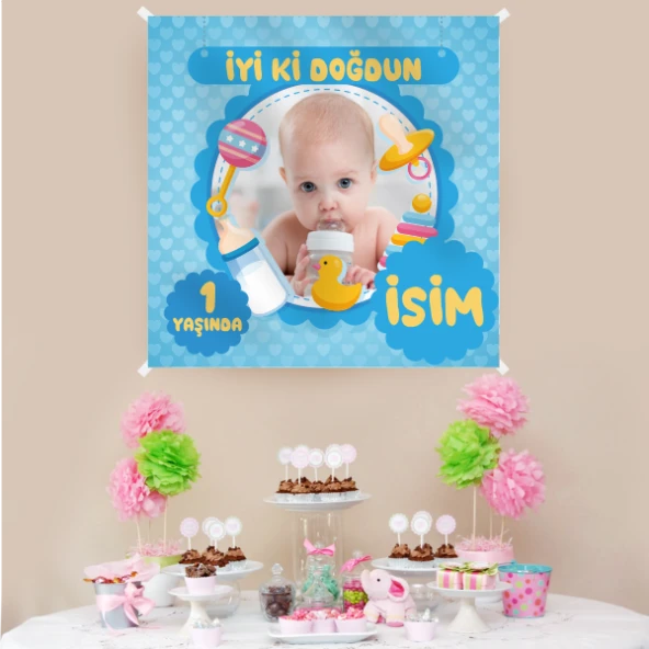Kişiye Özel Resimli Doğum Günü Kumaş Afiş 150x150 cm ürün görseli 1