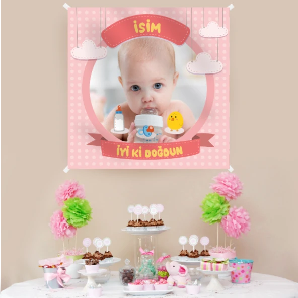 Kişiye Özel Resimli Doğum Günü Kumaş Afiş 150x150 cm ürün görseli 1