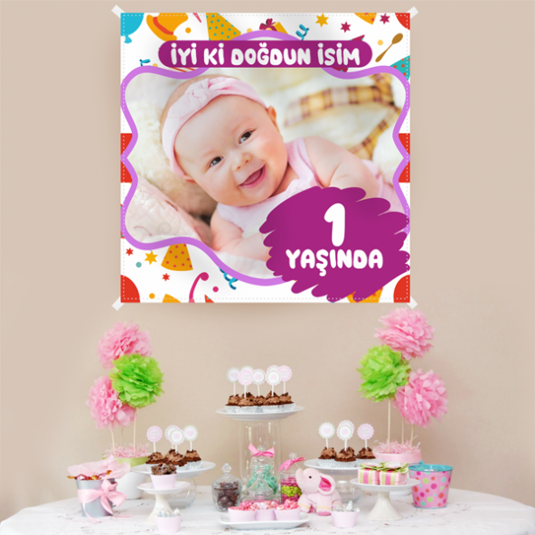 Kişiye Özel Resimli Doğum Günü Kumaş Afiş 150x150 cm ürün görseli 1