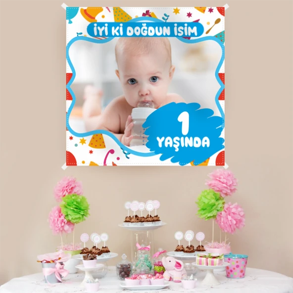 Kişiye Özel Resimli Doğum Günü Kumaş Afiş 150x150 cm ürün görseli 1