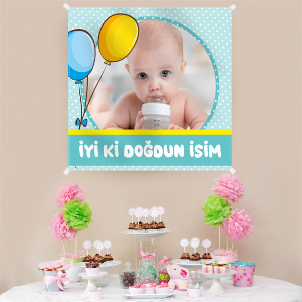 Kişiye Özel Resimli Doğum Günü Kumaş Afiş 150x150 cm ürün görseli 1