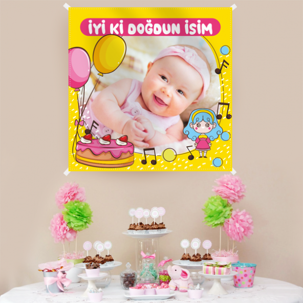 Kişiye Özel Resimli Doğum Günü Kumaş Afiş 150x150 cm ürün görseli 1