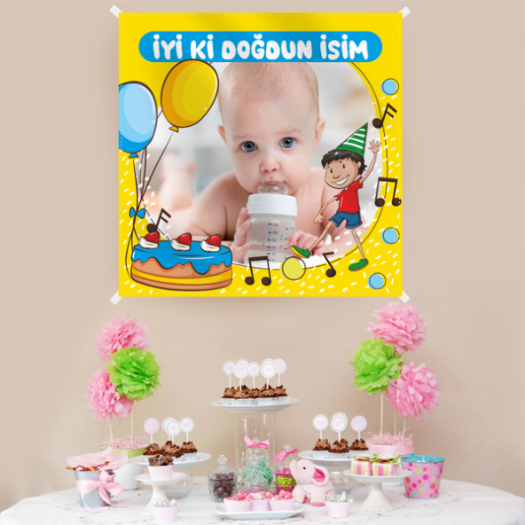Kişiye Özel Resimli Doğum Günü Kumaş Afiş 150x150 cm ürün görseli 1
