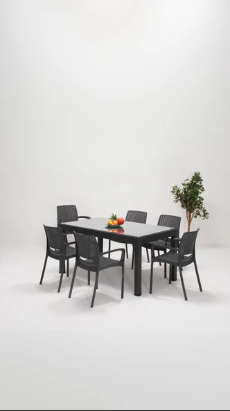 Sandalie Rattan Large Lüx Camlı Antrasit Masa Takımı Bahçe ve balkon 1 Camlı Masa + 6 Sandalye ürün görseli 1