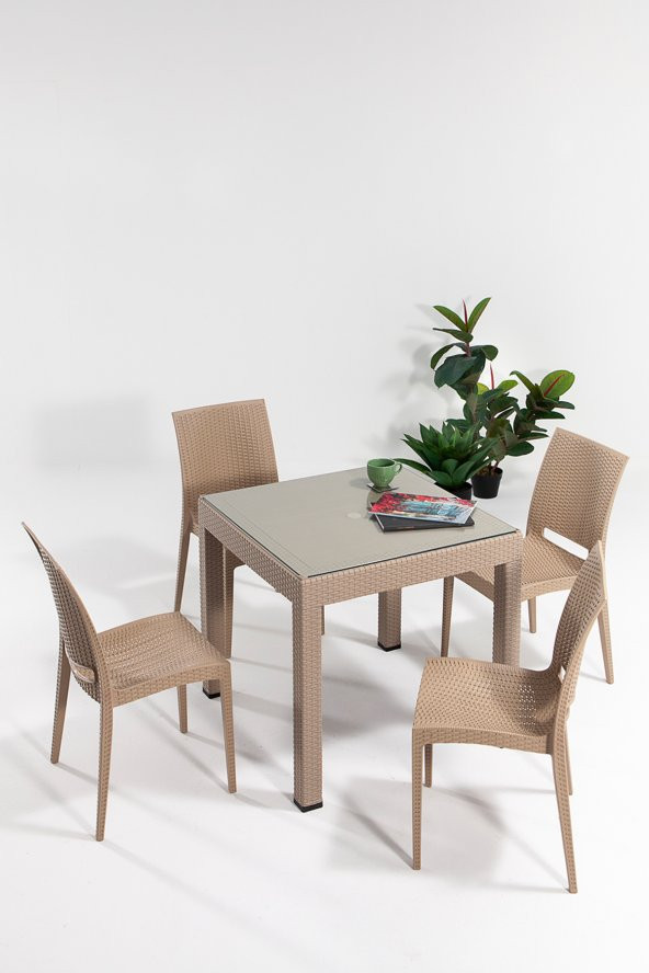 SANDALİE Rattan Small Camlı Cappucino Masa Takımı Bahçe&balkon 1 Camlı Masa + 4 Sandalye ürün görseli 1