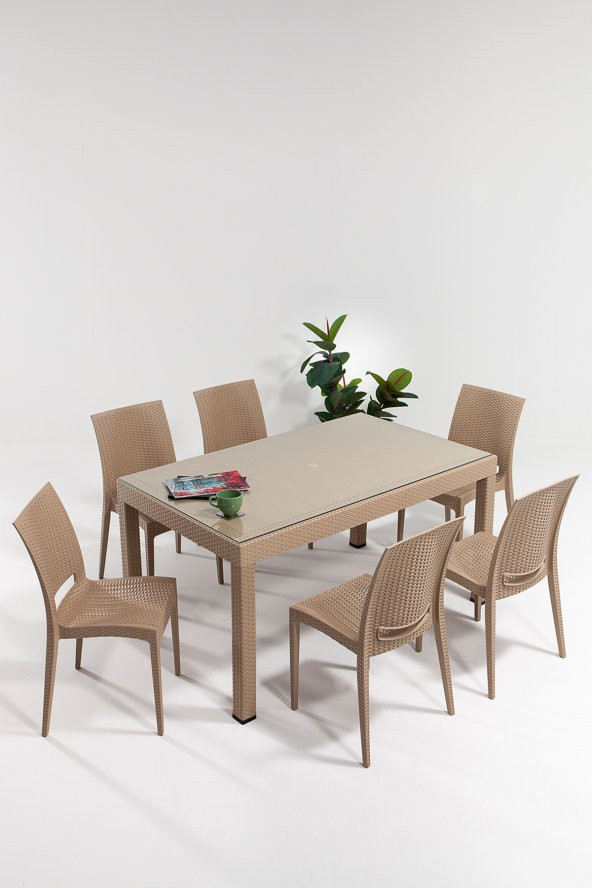 SANDALİE Rattan Large Camlı Cappucino Masa Takımı Bahçe&balkon 1 Camlı Masa + 6 Sandalye ürün görseli 1