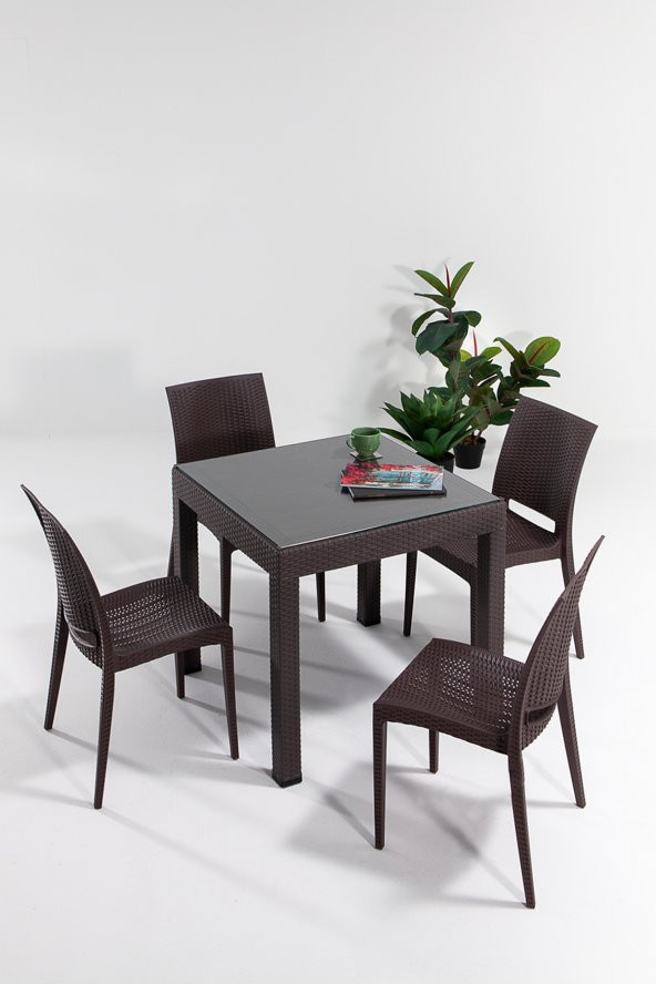 SANDALİE Rattan Small Camlı Kahve Masa Takımı Bahçe&balkon 1 Camlı Masa + 4 Sandalye ürün görseli 1