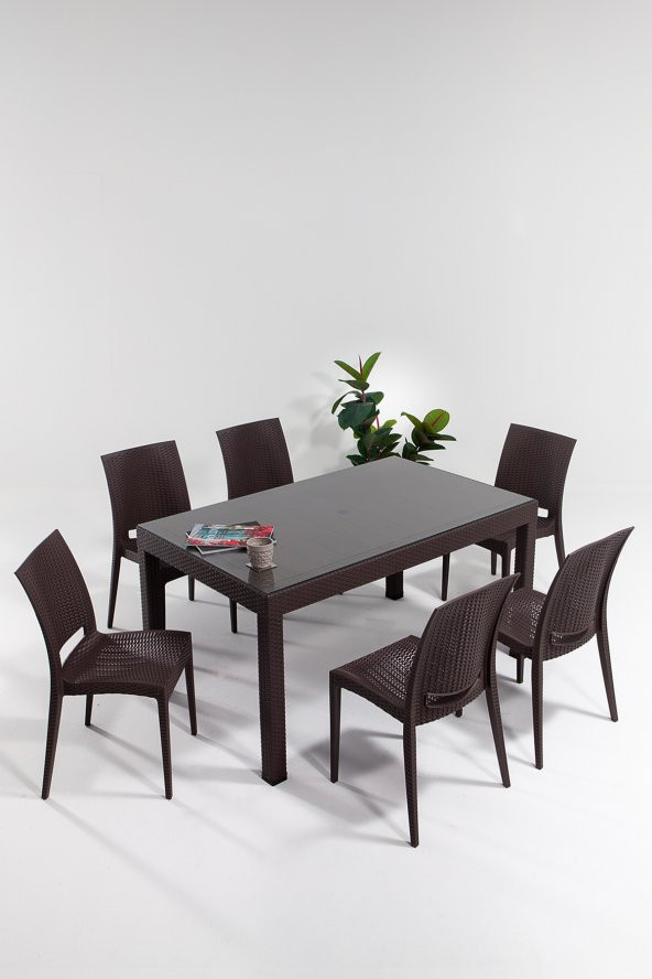 SANDALİE Rattan Large Camlı Kahve Masa Takımı Bahçe&balkon 1 Camlı Masa + 6 Sandalye ürün görseli 1