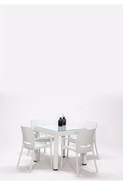 SANDALİE Rattan Small Lüx Camlı Beyaz Masa Takımı Bahçe&balkon 1 Camlı Masa + 4 Sandalye ürün görseli 1