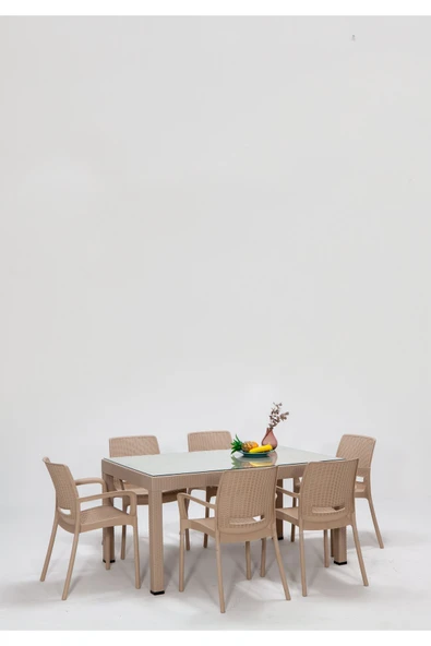 SANDALİE Rattan Large Lüx Camlı Cappucino Masa Takımı Bahçe&balkon 1 Camlı Masa + 6 Sandalye ürün görseli 1
