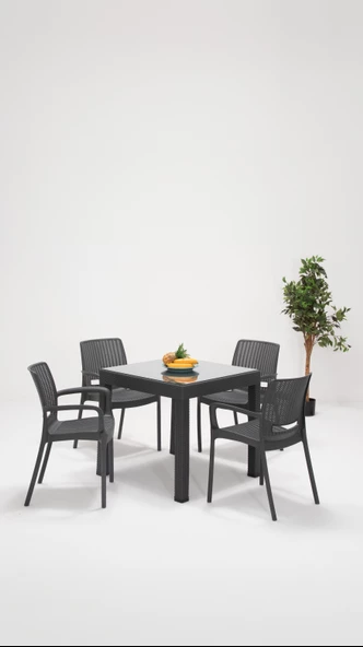 SANDALİE Rattan Camlı Lüx 80x80 Bahçe&Balkon&Teras Masa Seti - Antrasit ürün görseli 1