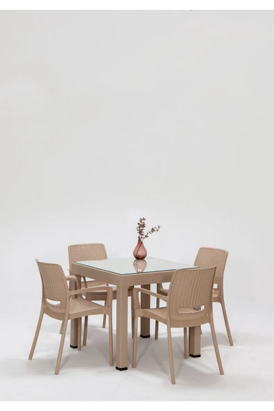 SANDALİE Rattan Small Lüx Camlı Cappucino Masa Takımı Bahçe&balkon 1 Camlı Masa + 4 Sandalye ürün görseli 1