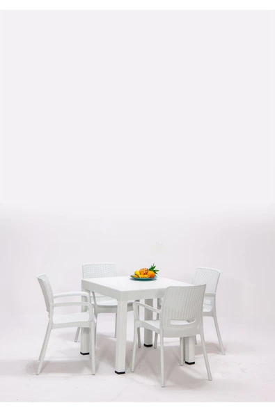 Rattan Beyaz Kollu 4 Sandalye Masa Takımı - Bahçe&Balkon&Teras ürün görseli 1