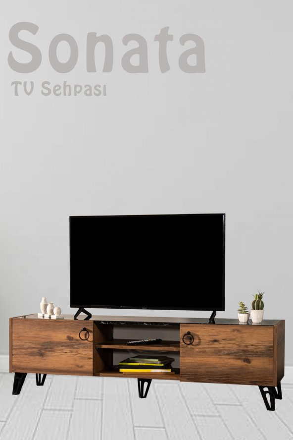 SANDALİE Sonata TV Ünitesi - Ceviz/Siyah 160 cm 2 Kapaklı + 2 Raflı TV Sehpası ürün görseli 1