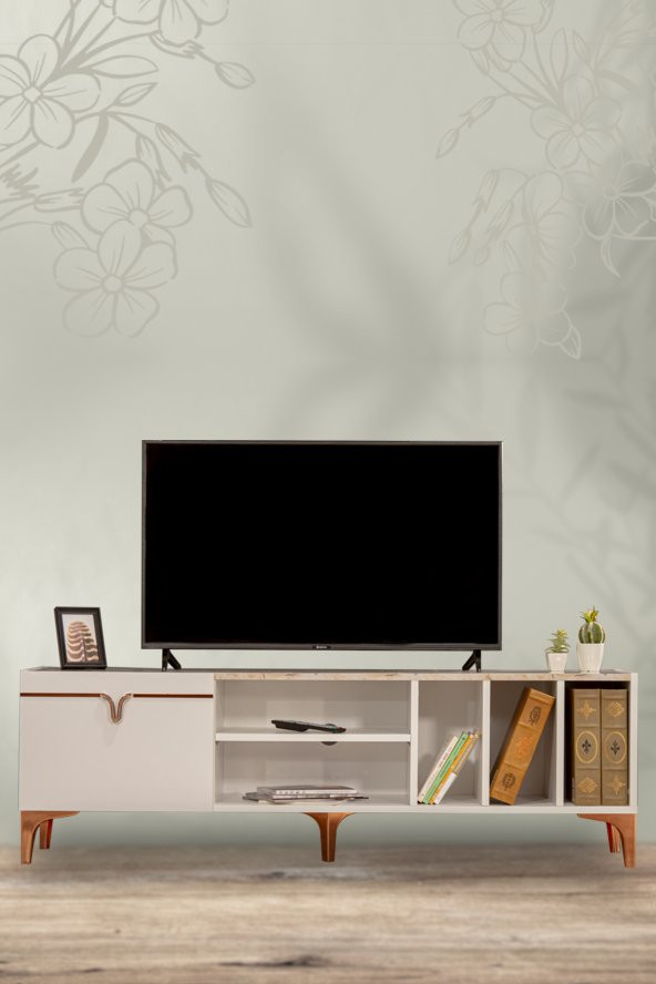 SANDALİE Pietra TV Ünitesi - Beyaz Mermer Desenli 160 cm 2 Kapaklı + 2 Raflı TV Sehpası ürün görseli 1