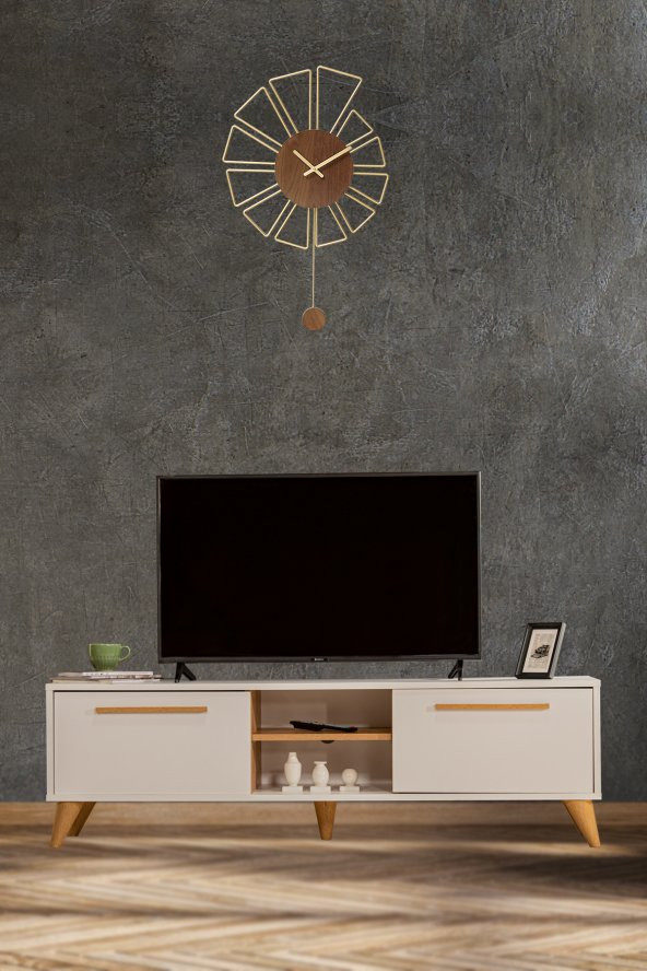 SANDALİE White TV Ünitesi - Beyaz/Ceviz 160 cm 2 Kapaklı + 2 Raflı TV Sehpası ürün görseli 1