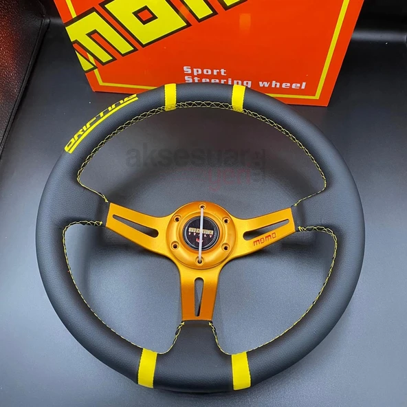 Momo Direksiyon Sarı İpli 35cm Ofsetli Model Deri Kaplama A+ Orjinal Ürün ürün görseli 1