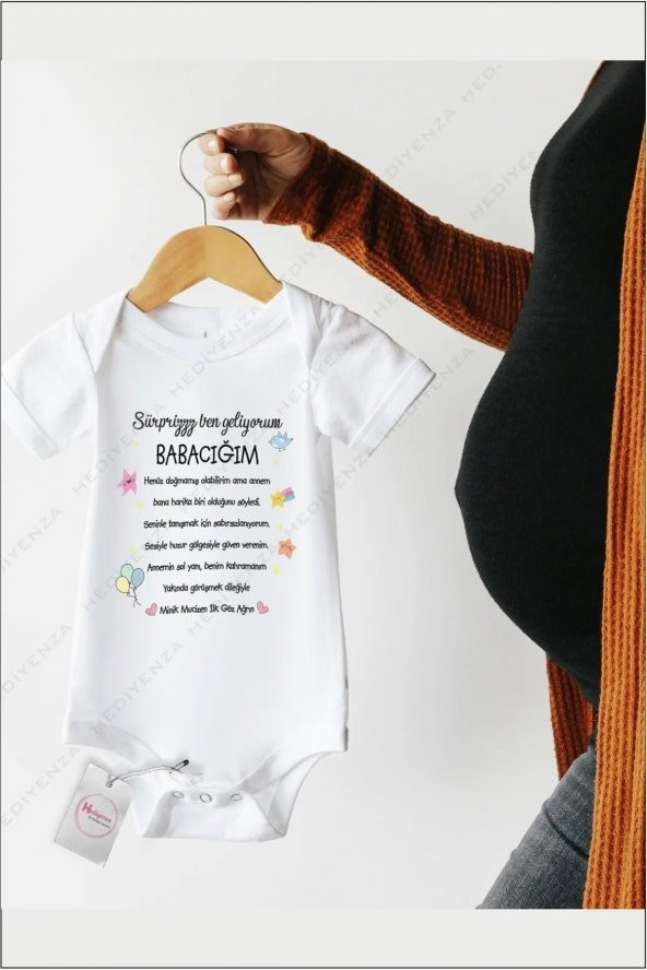 Sürpriz Ben Geliyorum Babacığım Hediyenza Özel Tasarım Bebek Zıbın Pamuklu Çıtçıtlı Body Bebek Hediye ürün görseli 1