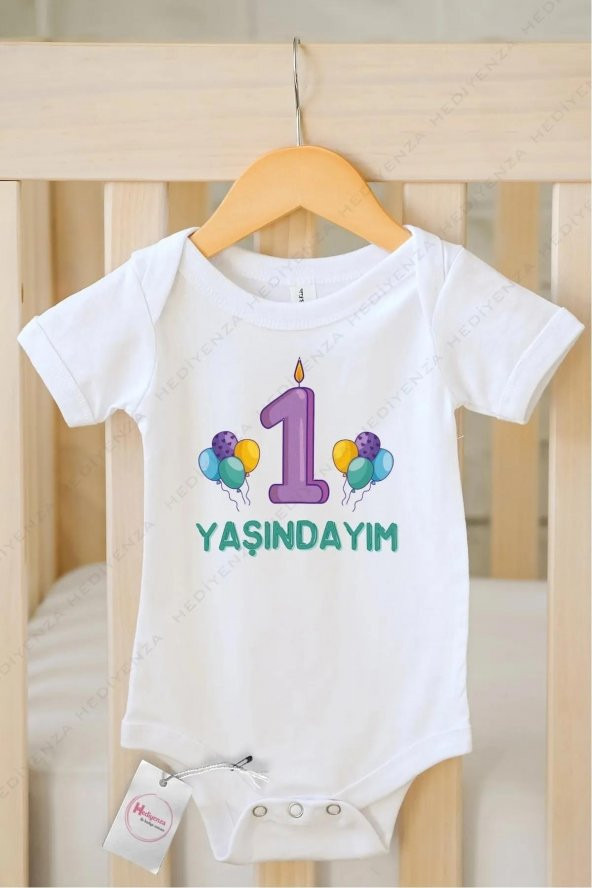 1 Yaşındayım Hediyenza Özel Tasarım Bebek Zıbın Pamuklu Çıtçıtlı Body Bebek Hediye ürün görseli 1