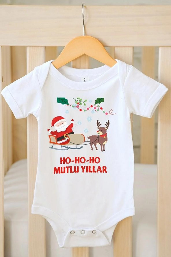 Ho Ho Ho Mutlu Yıllar Hediyenza Özel Tasarım Bebek Zıbın Pamuklu Çıtçıtlı Body Bebek Hediye ürün görseli 1