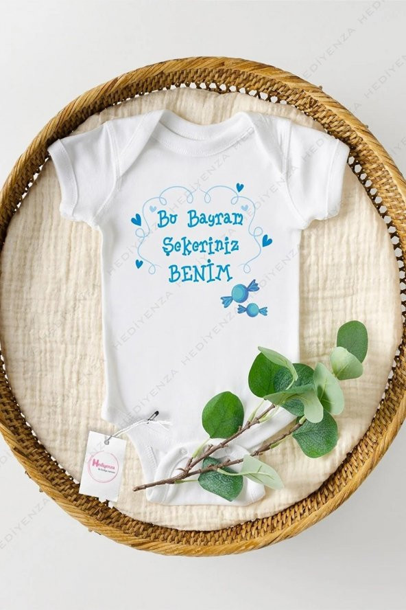 Bu Bayram Şekeriniz Benim Mavi Hediyenza Özel Tasarım Bebek Zıbın Pamuklu Çıtçıtlı Body Bebek Hediye ürün görseli 1