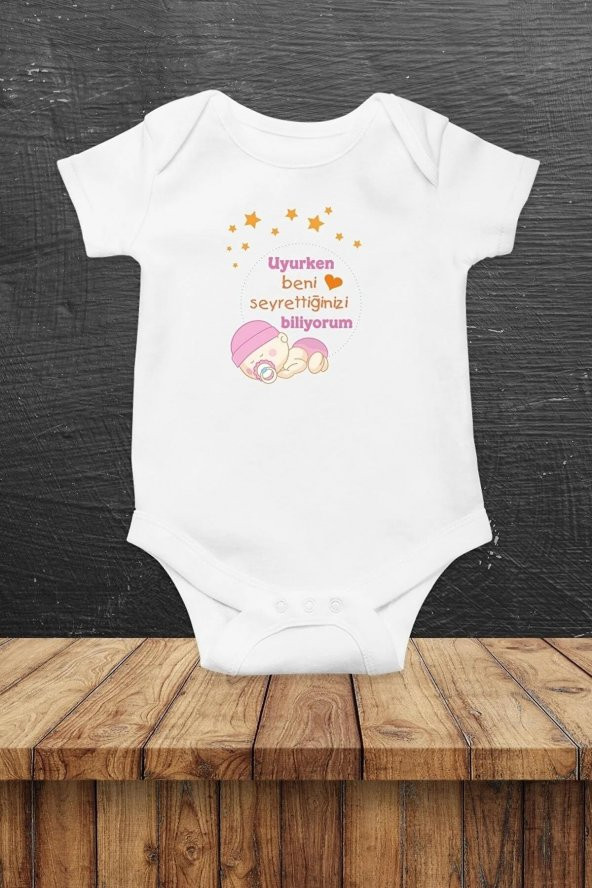 Uyurken Beni Seyrettiğinizi Biliyorum 2 Hediyenza Özel Tasarım Bebek Zıbın Pamuklu Çıtçıtlı Body Bebek Hediye ürün görseli 1