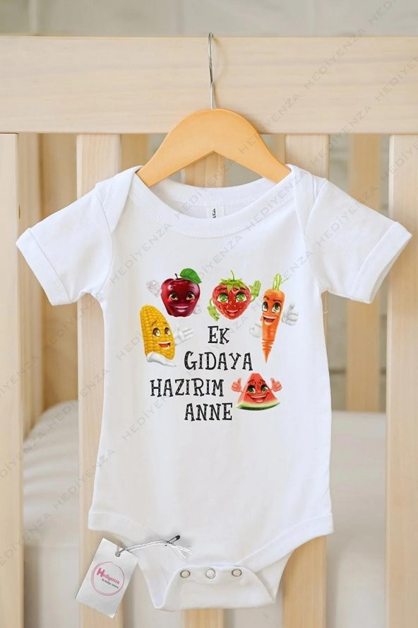Ek Gıdaya Hazırım Anne Hediyenza Özel Tasarım Bebek Zıbın Pamuklu Çıtçıtlı Body Bebek Hediye ürün görseli 1
