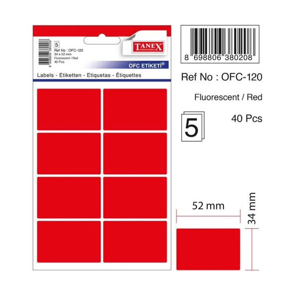Tanex Flo Kırmızı 34 x 52 MM Ofis Etiketi 5 Yaprak (10 Lu Paket) ürün görseli 1
