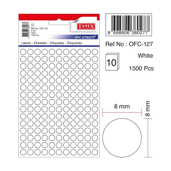 Tanex Ofis Etiketi Beyaz 8 MM Yuvarlak Ofis Etiketi 10 Yaprak (10 Lu Paket) ürün görseli 1