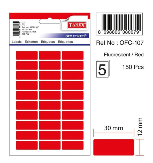 Tanex Ofis Etiketi Poşetli 12x30 Mm Fosforlu Kırmızı Ofis Etiketi 5 Yaprak (10 Lu Paket) ürün görseli 1