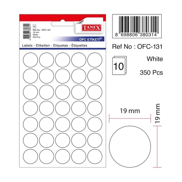 Tanex Ofis Etiketi Poşetli Yuvarlak 19 Mm Beyaz Ofis Etiketi 5 Yaprak (10 Lu Paket) ürün görseli 1