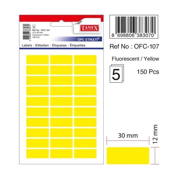 Tanex Ofis Etiketi 12x30 Mm Fosforlu Sarı Ofis Etiketi 5 Yaprak (10 Lu Paket) ürün görseli 1