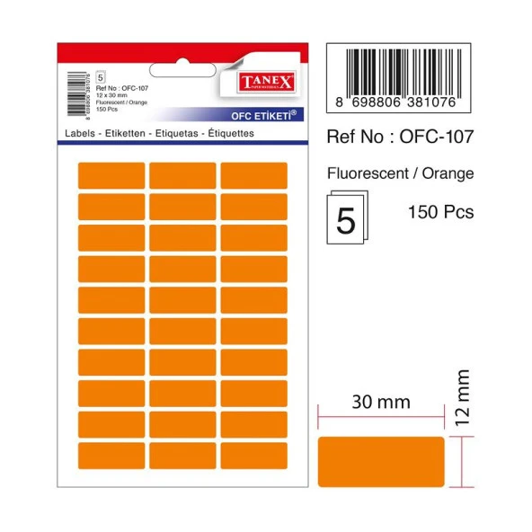 Tanex Ofis Etiketi 12x30 Mm Fosforlu Turuncu Ofis Etiketi 5 Yaprak (10 Lu Paket) ürün görseli 1