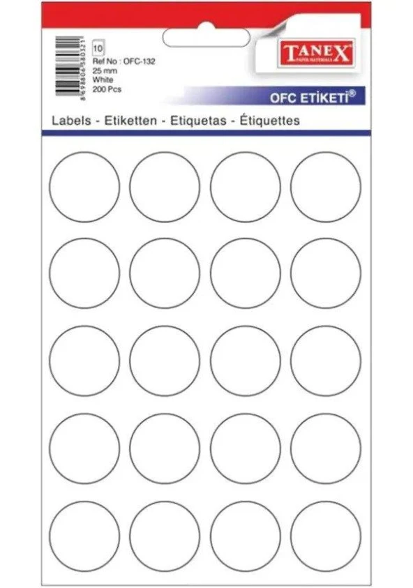 Tanex Ofis Etiketi Poşetli Yuvarlak 25 Mm Beyaz Ofis Etiketi (10 Lu Paket) ürün görseli 1