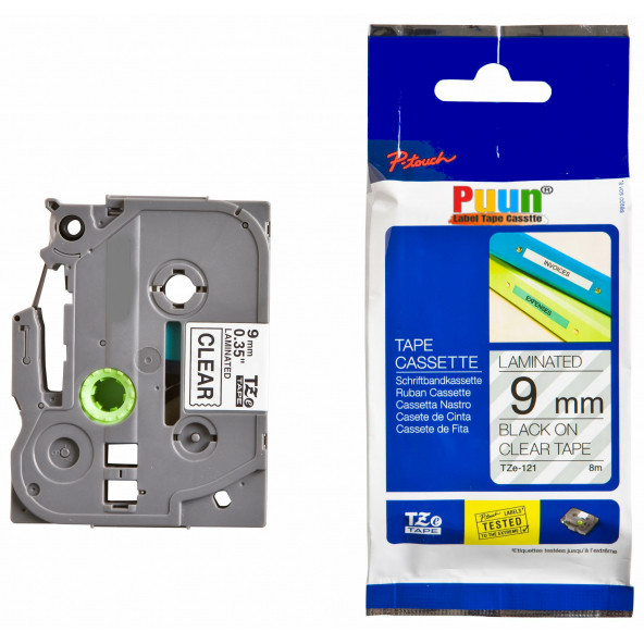 Puun Brother P-Touch TZE-121 9mm x 8m Şeffaf Üzerine Siyah Muadil Laminasyon Etiket Şeridi ürün görseli 1