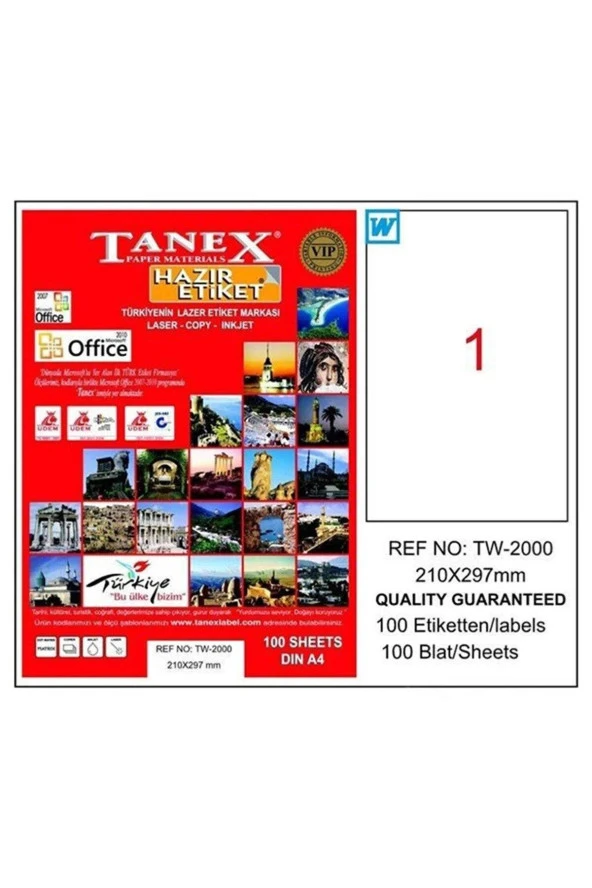 Tanex Laser Etiket 100 Yaprak 210x297 MM Lazer Etiket Düz Kenar ürün görseli 1