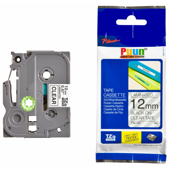 Puun Brother P-Touch TZE-131 12MM x 8m Şeffaf Üzerine Siyah Muadil Laminasyon Etiket Şeridi ürün görseli 1