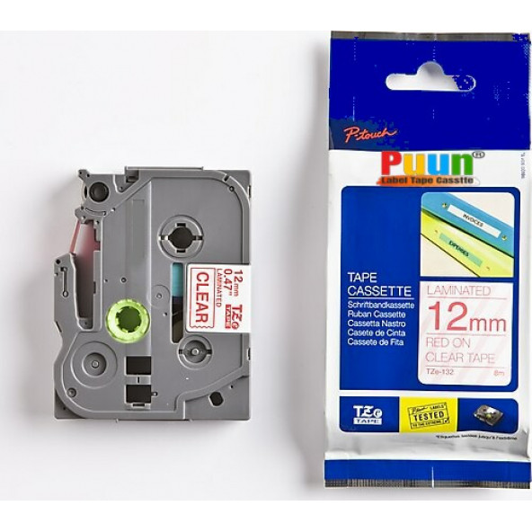 Puun Brother P-Touch TZE-132 12MM x 8m Şeffaf Üzerine Kırmızı Muadil Laminasyon Etiket Şeridi ürün görseli 1