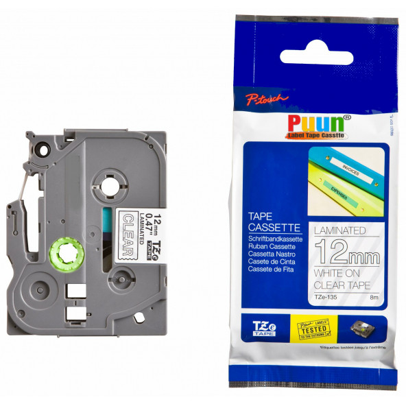 Puun Brother P-Touch TZE-135 12MM x 8m Şeffaf Üzerine Beyaz Muadil Laminasyon Etiket Şeridi ürün görseli 1