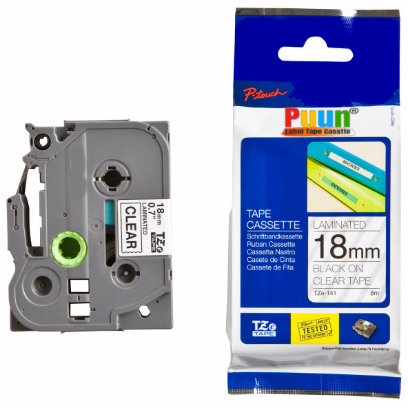 Puun Brother P-Touch TZE-141 18MM x 8m Şeffaf Üzerine Siyah Muadil Laminasyon Etiket Şeridi ürün görseli 1