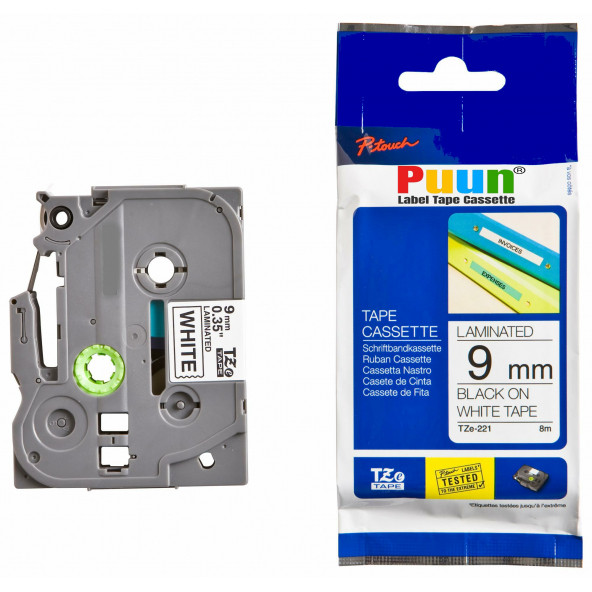 Puun Brother P-Touch TZE-221 9mm x 8m Beyaz Üzerine Siyah Muadil Laminasyon Etiket Şeridi ürün görseli 1